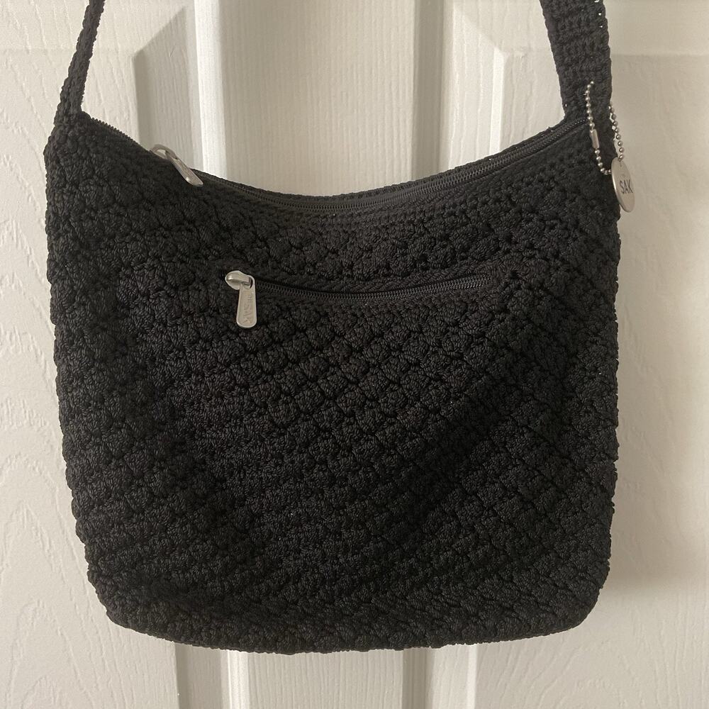 The Sak Handbag Black Crochet Knit Woven Lined Shoulder Bag Boho Beach Festival